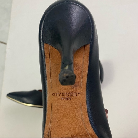 GIVENCHY black leather pointed toe gold trim pumps - Picture 2 of 9